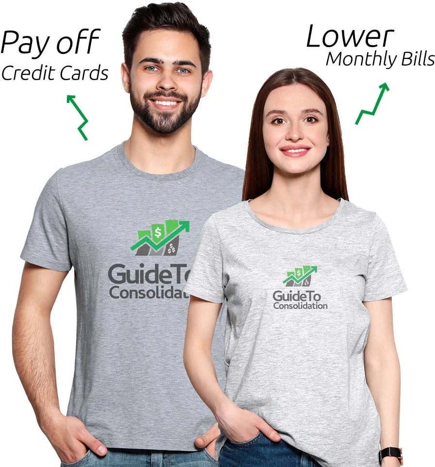 Young man and woman wearing t-shirts with Guide To Consolidation logo.